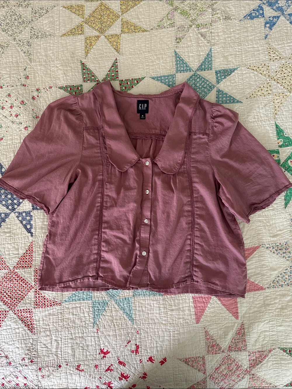 GAP Women's Mauve Short-Sleeve Button-Down Top